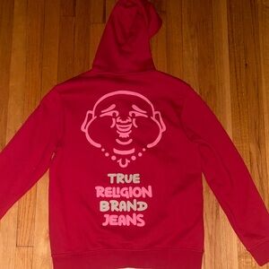 True Religion Red Hoodie with Buddha Graphic